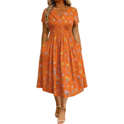 Floral V-neck dress witha twist at the waist-elegant and casual forany occasion