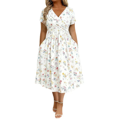 Floral V-neck dress witha twist at the waist-elegant and casual forany occasion