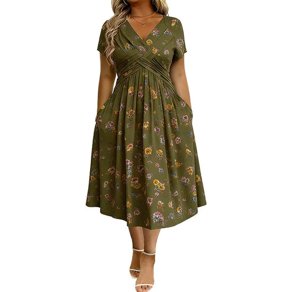 Floral V-neck dress witha twist at the waist-elegant and casual forany occasion