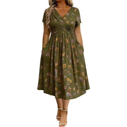 Floral V-neck dress witha twist at the waist-elegant and casual forany occasion