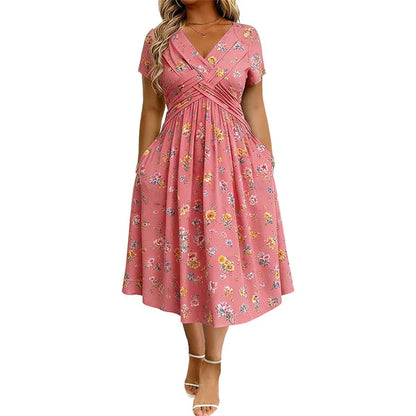 Floral V-neck dress witha twist at the waist-elegant and casual forany occasion